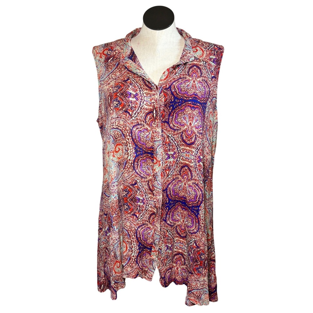 Cupio Woman Tunic Tank 2X Multicolor Paisley Sleeveless Button Down Hippie Boho